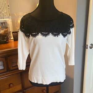Chic Black Lace Overlay White Sweater